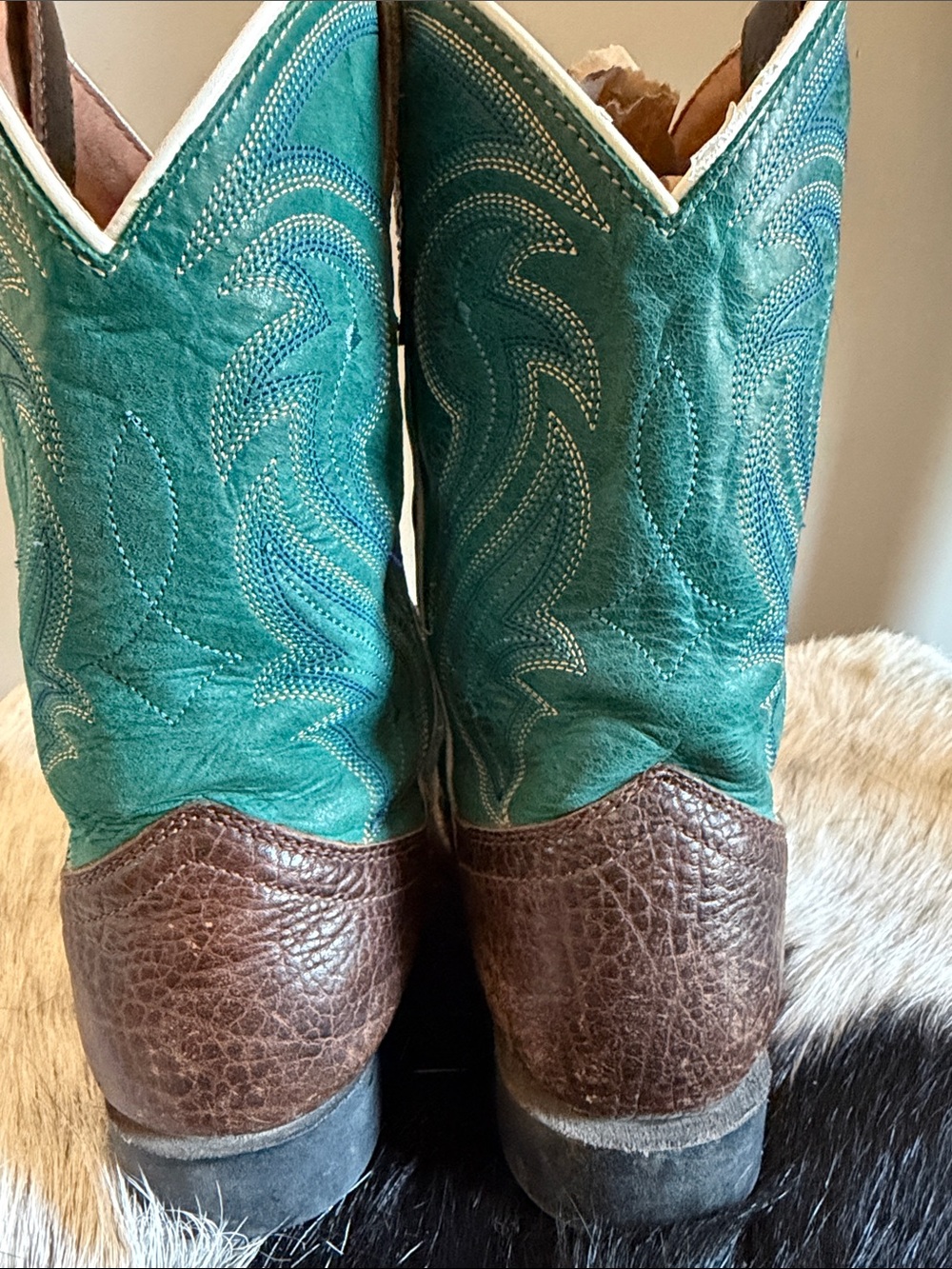 Rank 45 Kid’s Cowboy Boots Size 13 Brown & Turquoise Leather Western Boots - Picture 6 of 10
